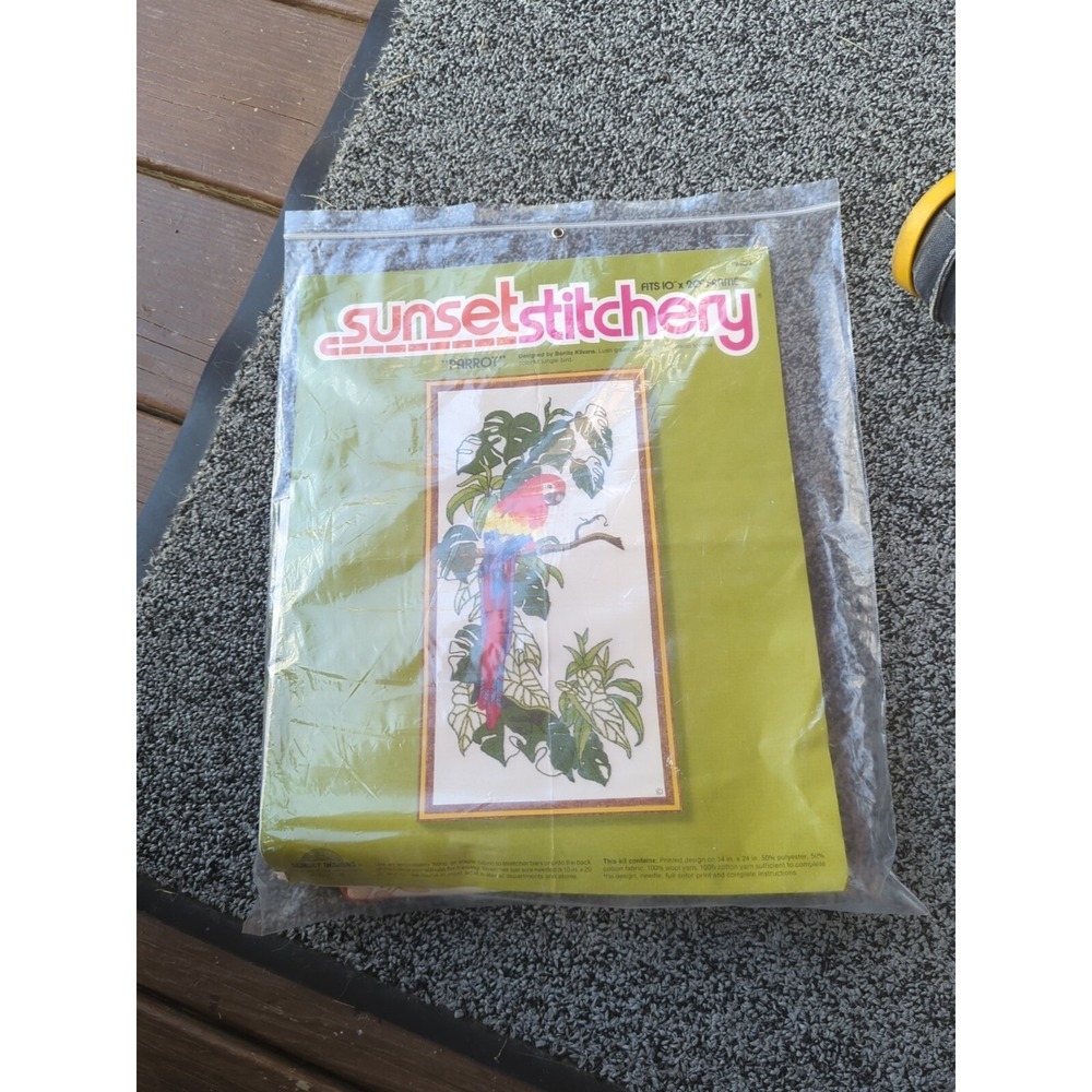 Vintage SUNSET STITCHERY Needlepoint Stitch Kit PARROT Frame Size 10 X 20"